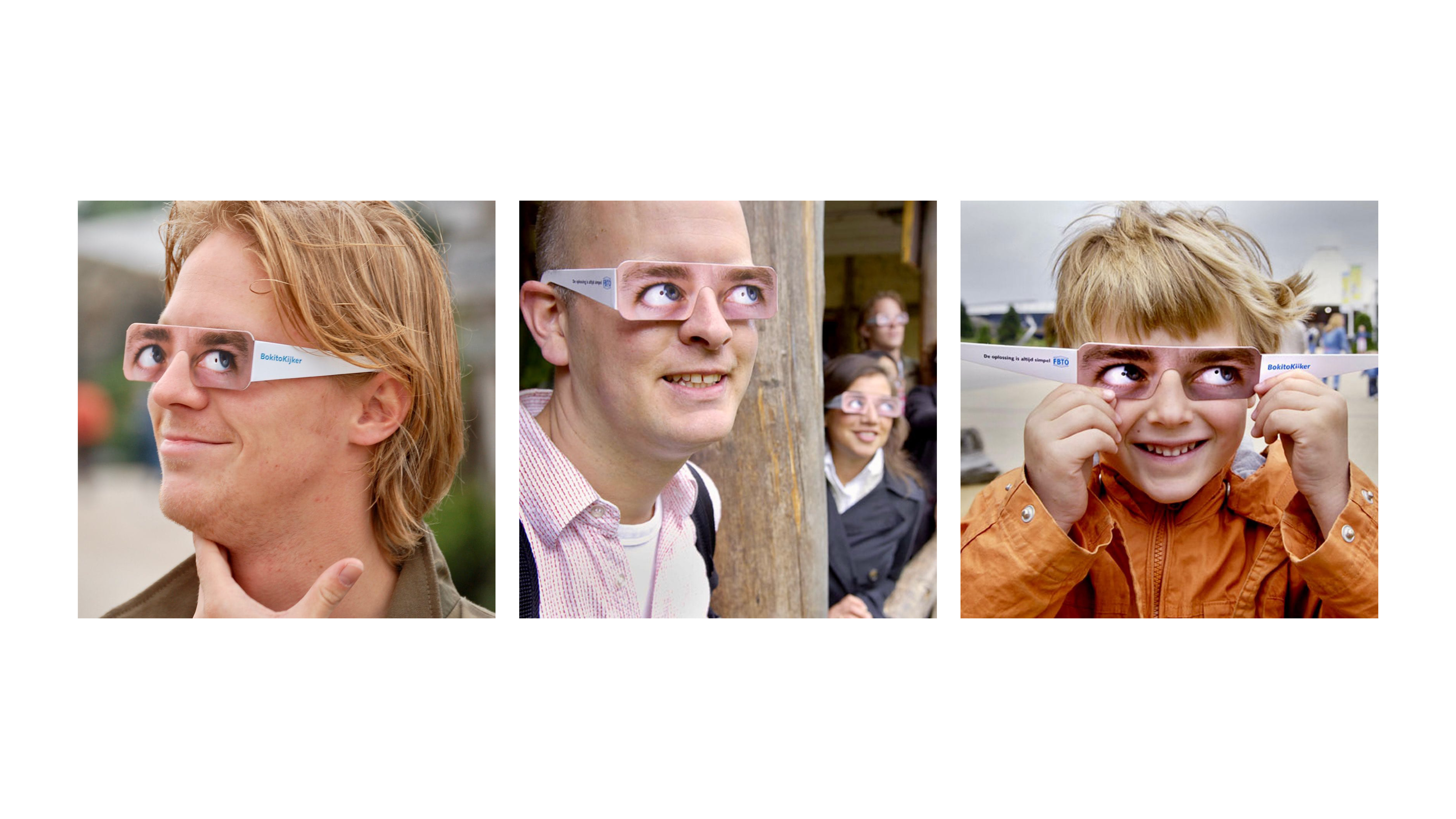 Campagne BobbleVilker avec lunettes en carton imprimées de vrais yeux : trois personnes portent des lunettes promotionnelles montrant des yeux grands ouverts pour sensibiliser à la vigilance.