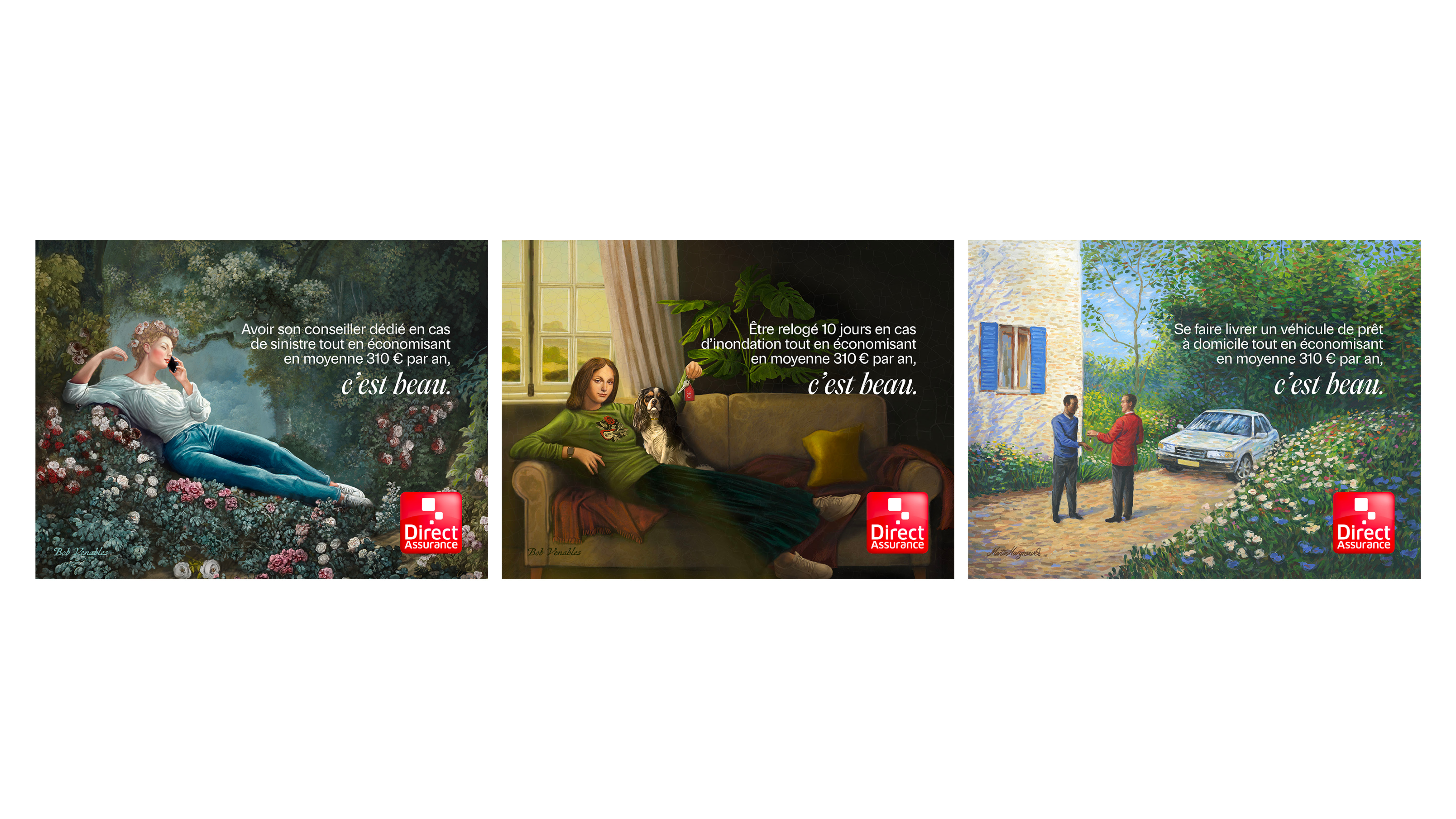 Campagne publicitaire de Direct Assurance dans le style de tableaux classiques, mettant en scène des situations de la vie quotidienne pour illustrer les avantages de l’assurance et les économies possibles.