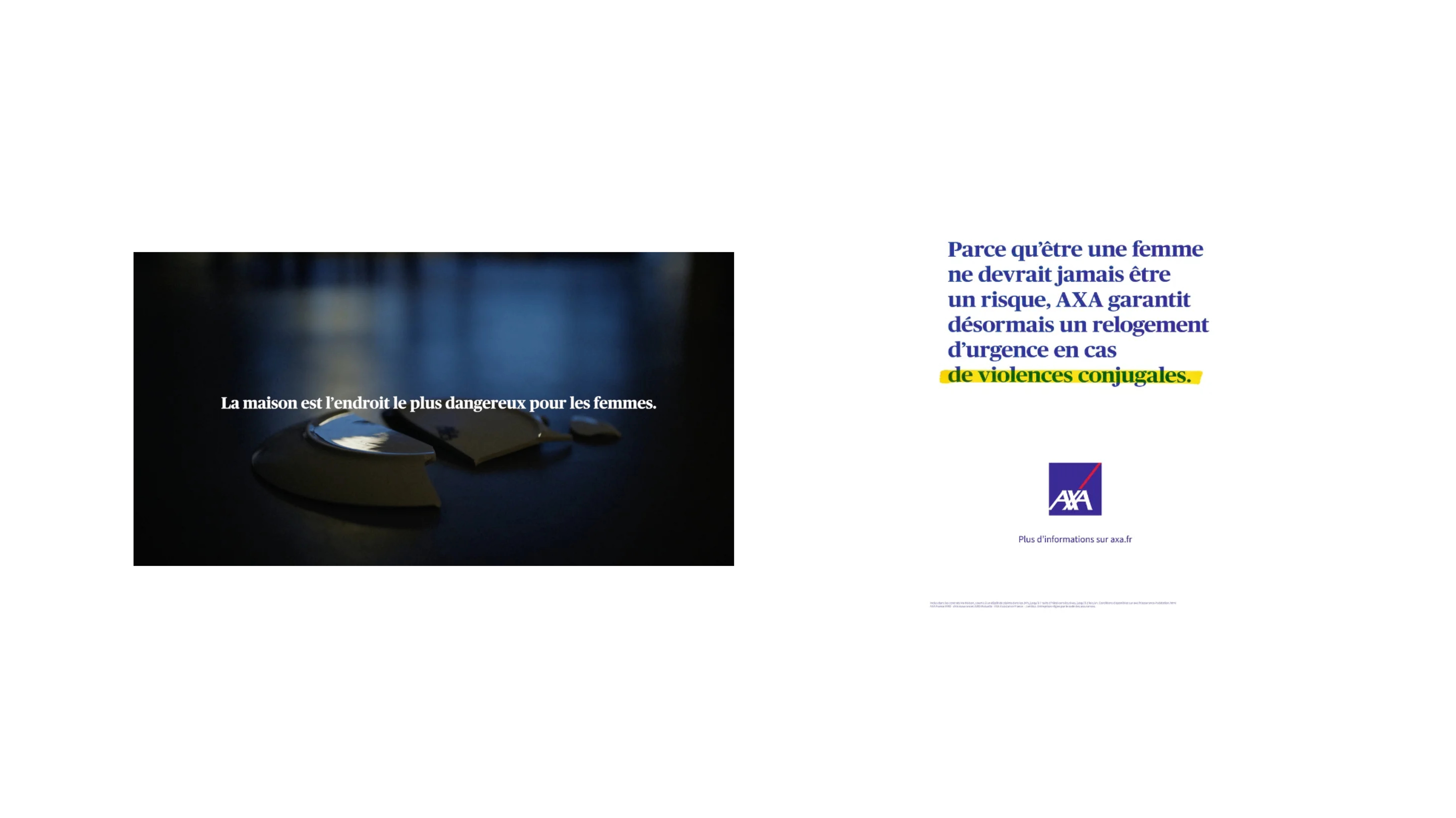 Campagne AXA contre les violences conjugales : un visuel avec une assiette cassée et le message sur la dangerosité du foyer, accompagné d’une annonce de relogement d’urgence pour les femmes victimes.