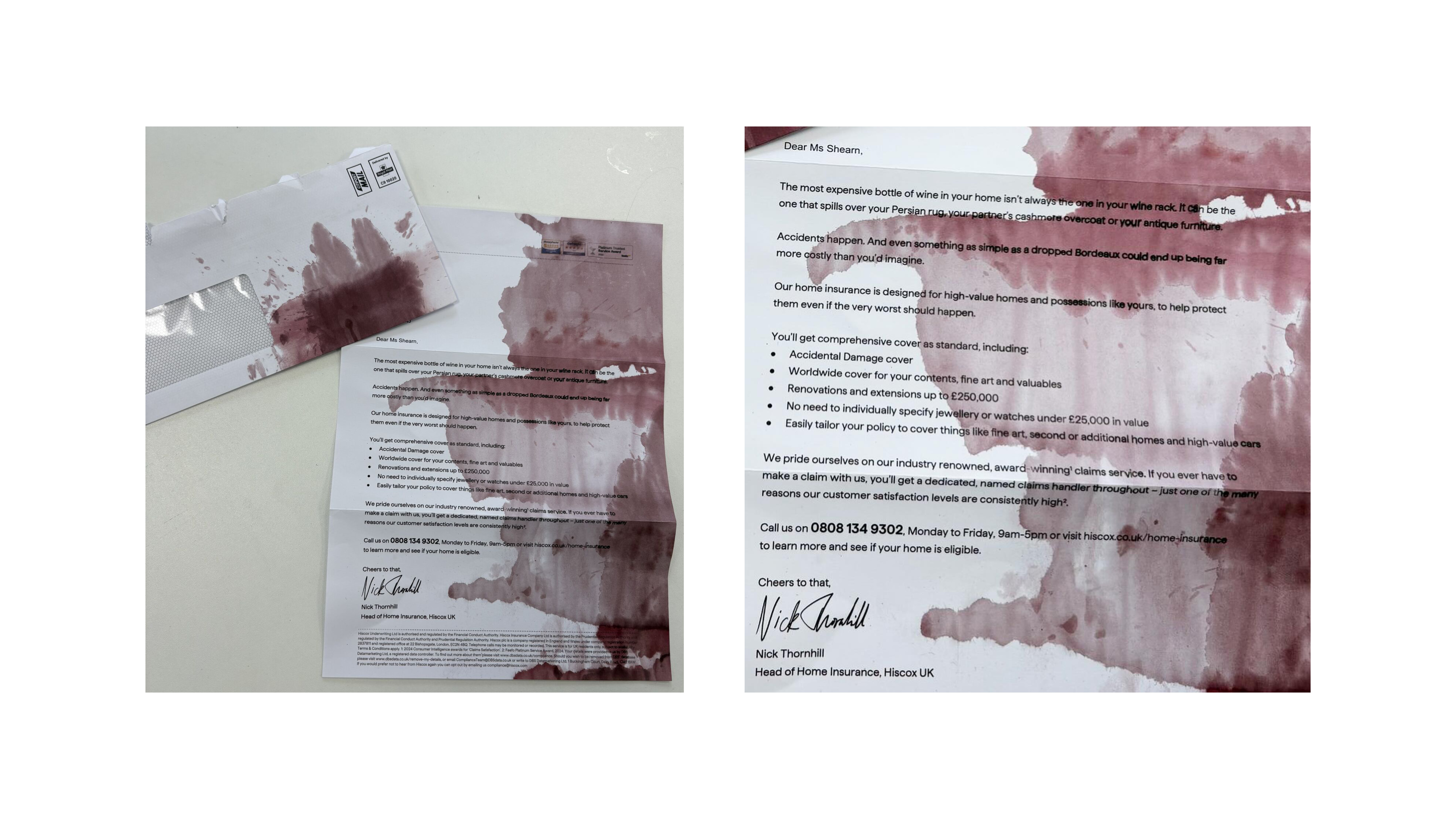 Campagne Hiscox avec lettre d'assurance habitation tachée de vin rouge : mise en scène du concept "la bouteille la plus chère n'est pas celle de votre cave" pour promouvoir leur couverture dommages accidentels haut de gamme.